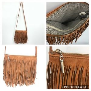 Tan fringe crossbody boho hippie vegan-leather bag